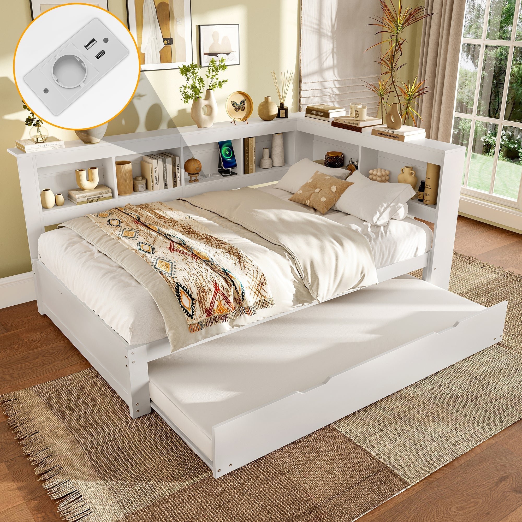 Daybed 140x200cm Pull-out Bed Power Outlet 2 USB - White Chipboard