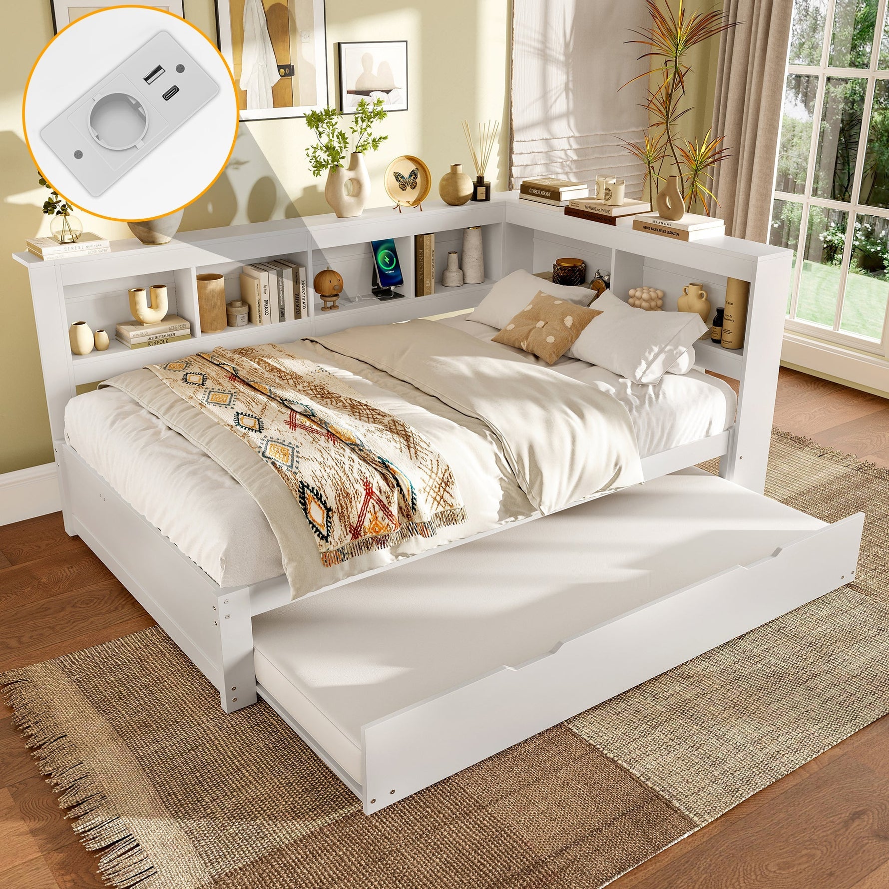 Daybed 140x200cm Pull-out Bed Power Outlet 2 USB - White Chipboard