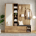 Wardrobe Set with Mirror, Shoe Bench and Coat Rack, Wood Color