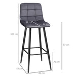 Bar Stools Set of 2 Modern Design Velvet Upholstery Steel Legs, Grey