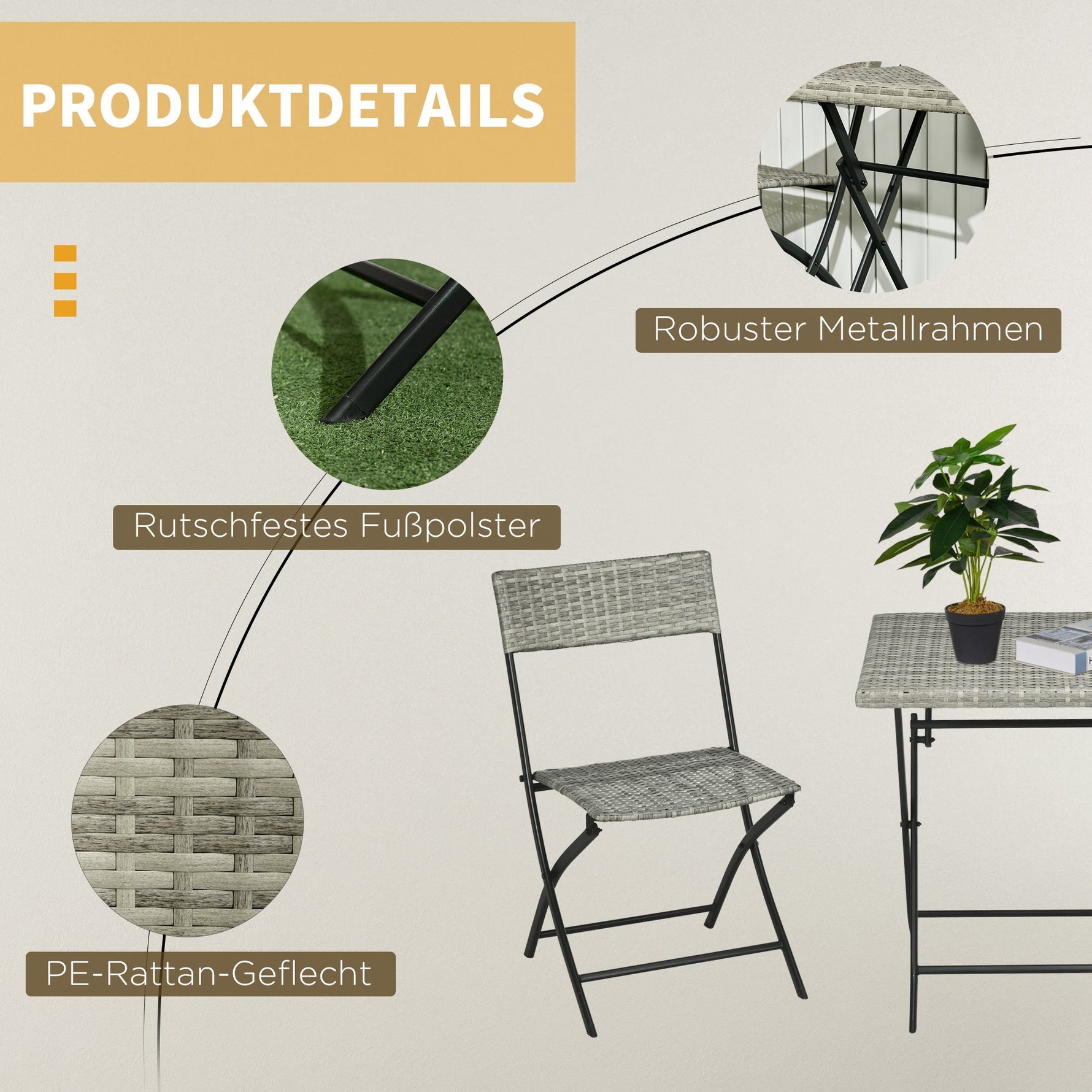 Balcony Furniture Set, 3-Piece Rattan Bistro with 2 Folding Chairs and Table, Light Grey Metal