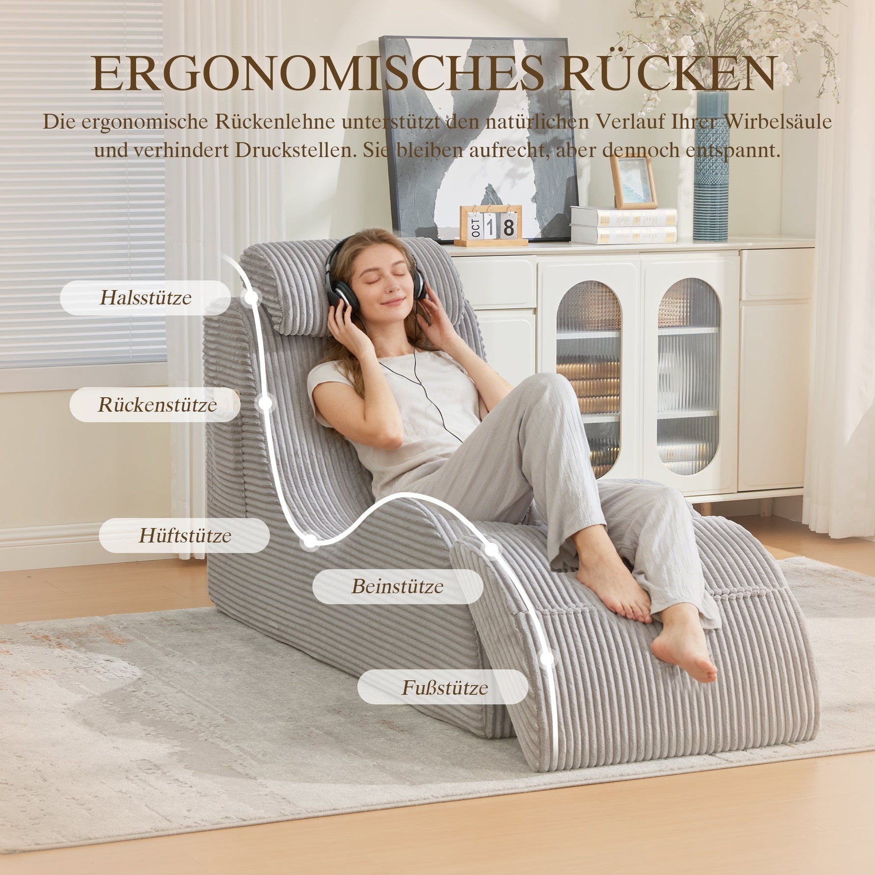 Modern Leisure Chair with Ergonomic Design and Side Pocket, Light Grey