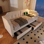 Upholstered Daybed 90x200cm with USB & 2 Drawers, Beige Velvet