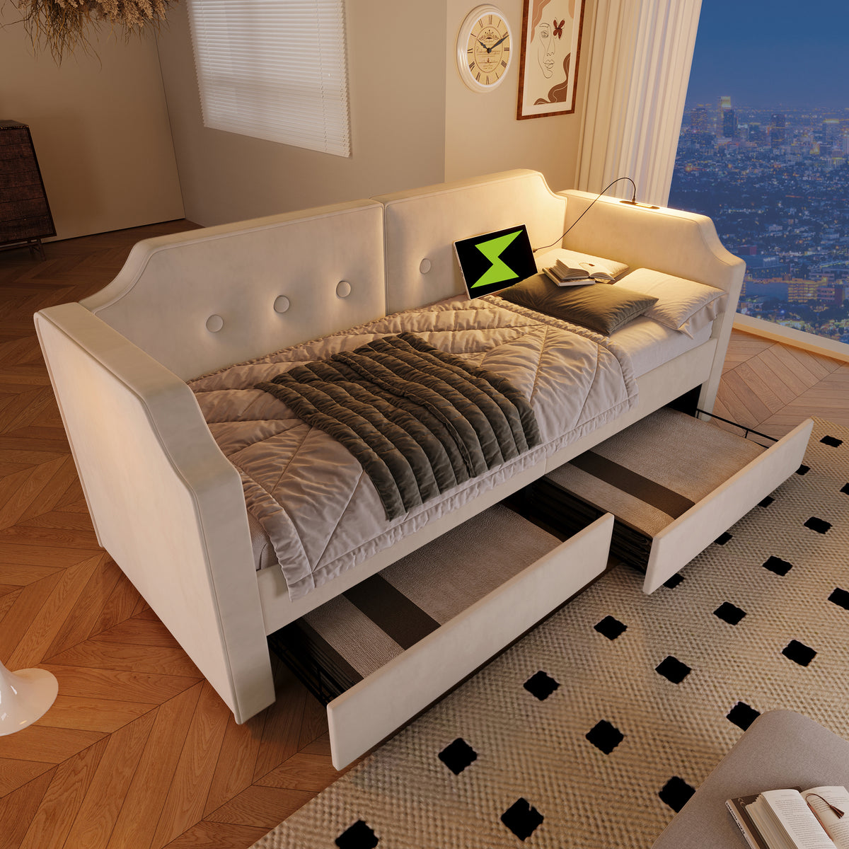 Upholstered Daybed 90x200cm with USB & 2 Drawers, Beige Velvet