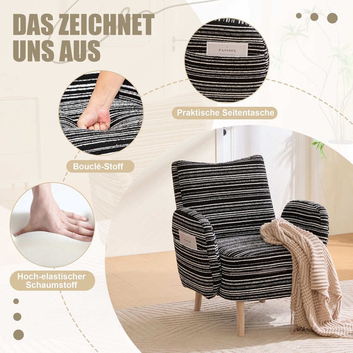 Modern Armchair with Side Pocket and Solid Wood Legs, Circular Pattern Fabric