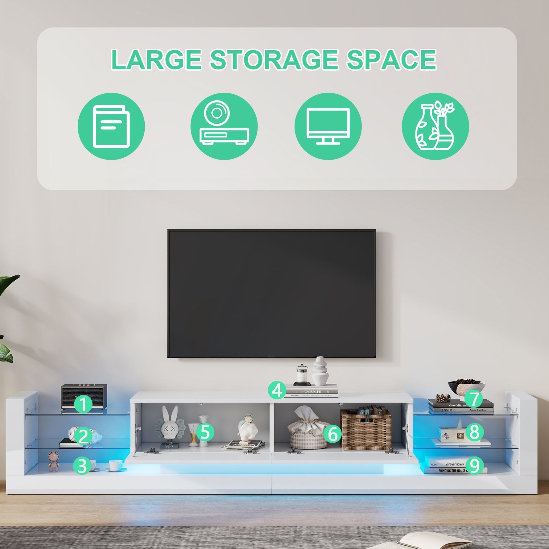High-Gloss TV Cabinet, 181cm LED Lit, 80-inch Capacity with Glass Front and Two Folding Drawers