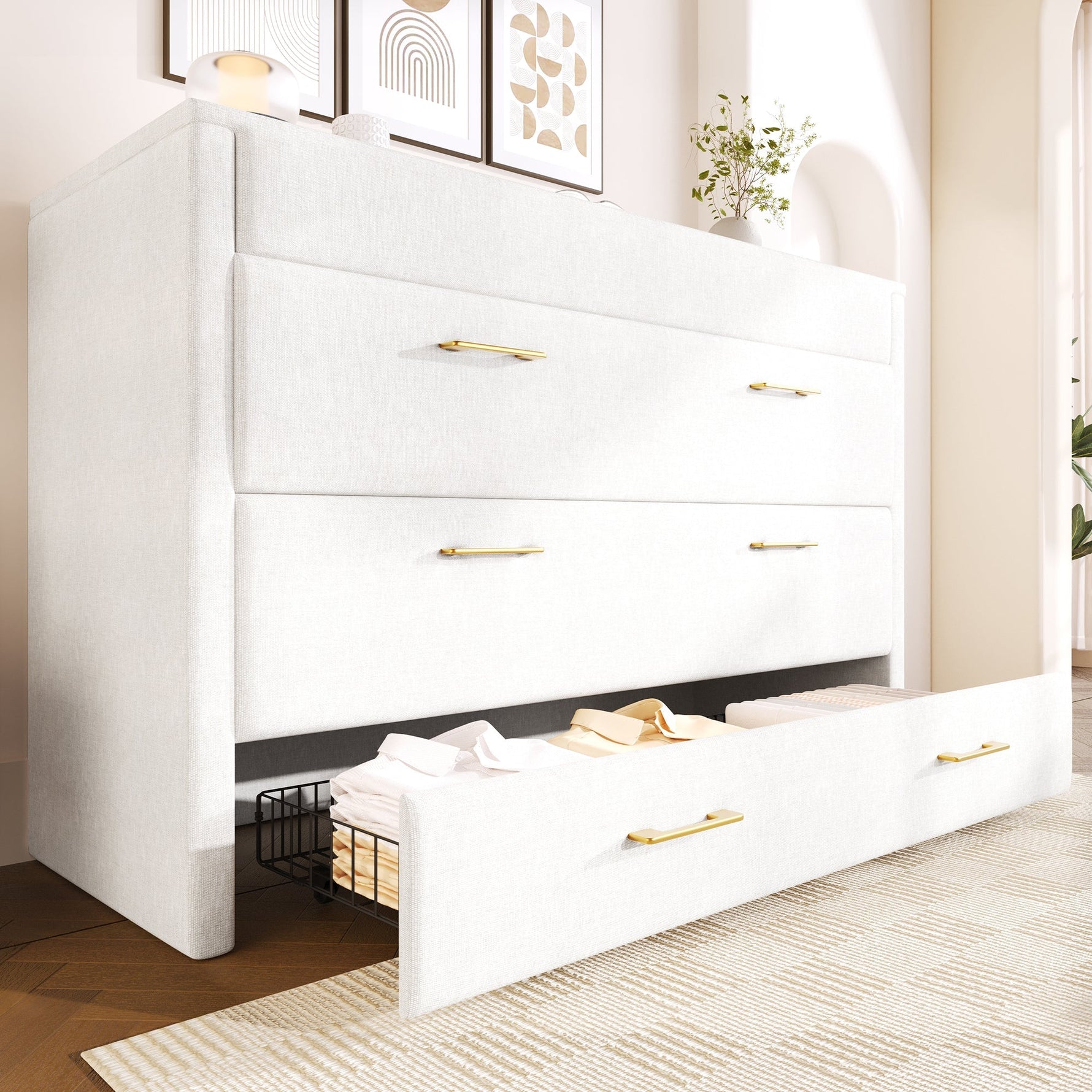 Wall Bed with Storage Drawer, USB Ports and Convertible Platform, Beige Linen