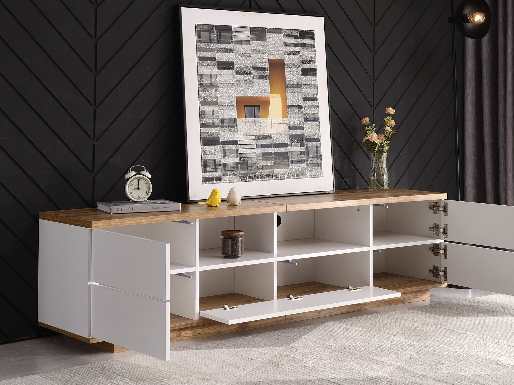 TV Cabinet Modern Color-Block 180cm Wood Grain Finish White