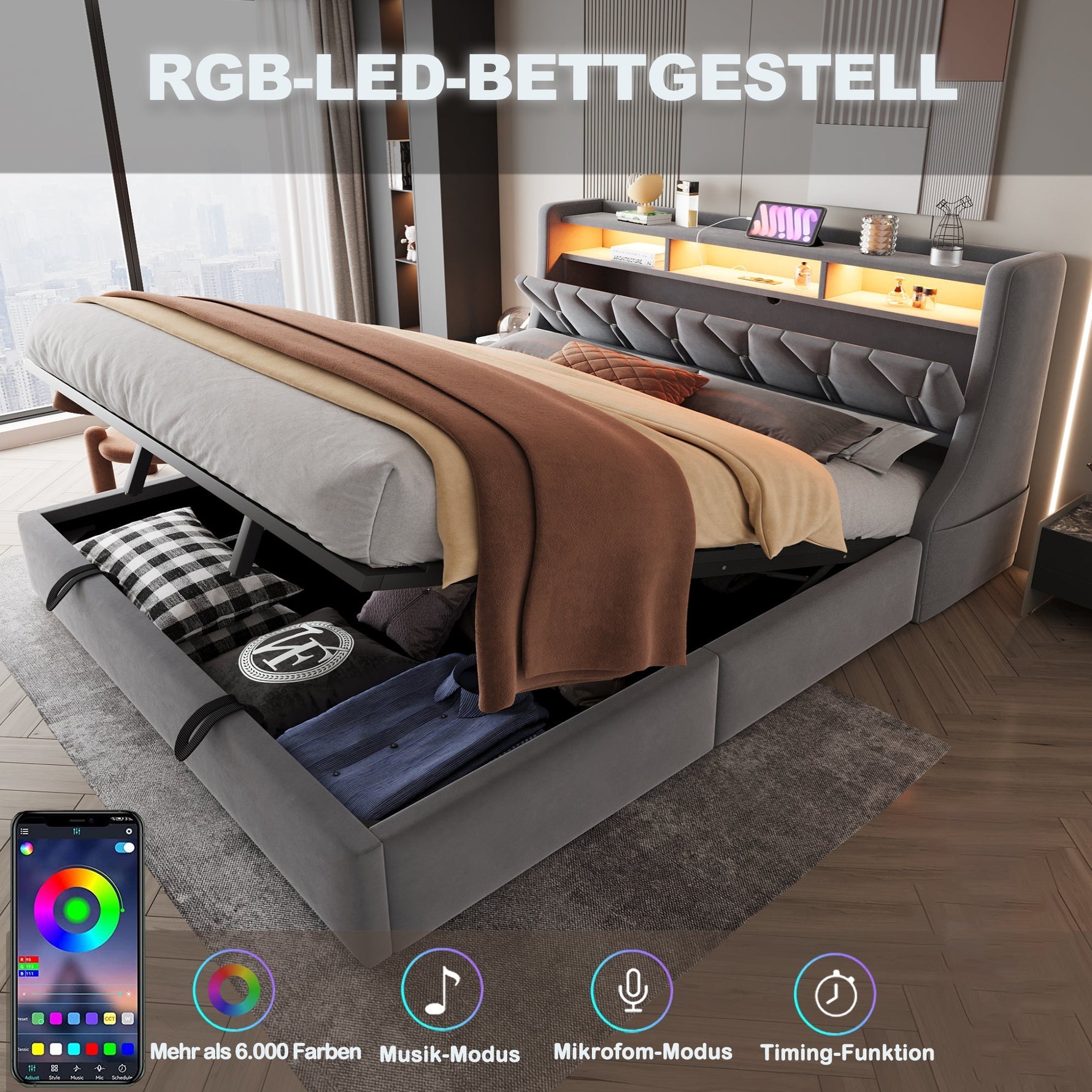 Upholstered Bed 180 x 200 cm with Hydraulic Storage and LED Lighting, Grey Velvet