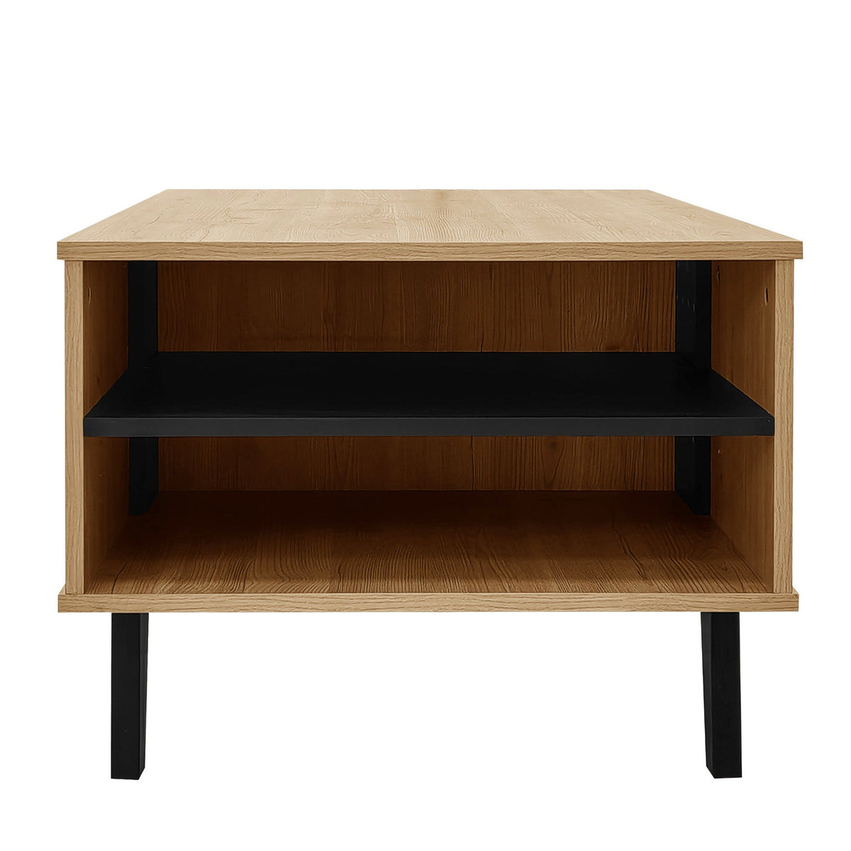 Coffee table with side table and drawer, versatile storage, wood and black design