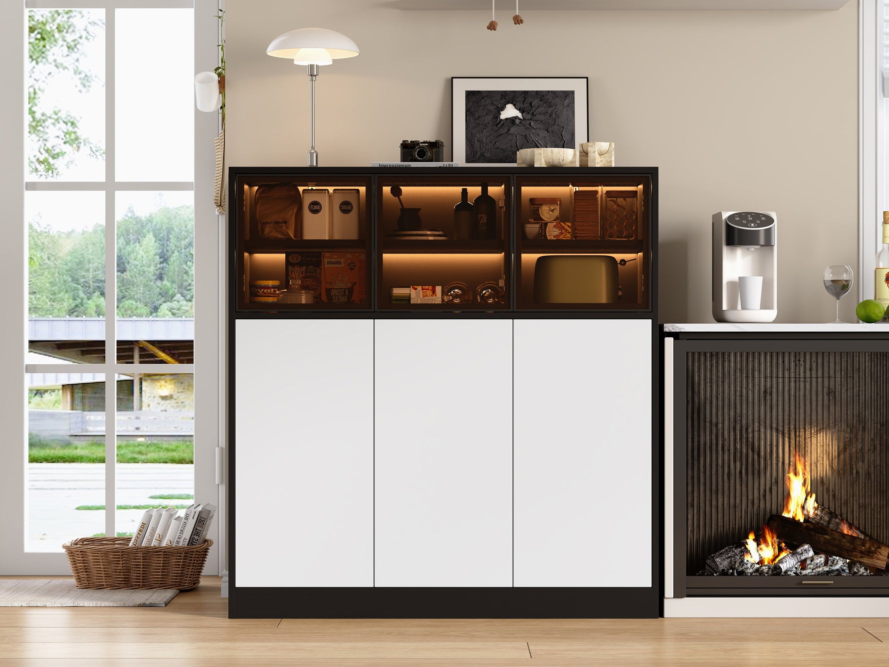 Sideboard Cabinet 100x40x105cm Lighting 3 Glass Doors - White