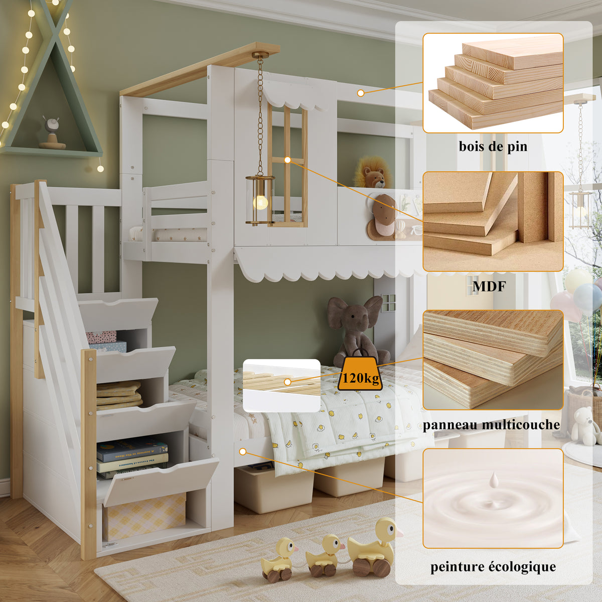 Children's Bunk Bed 90x200cm with Storage Stairs, White & Natural