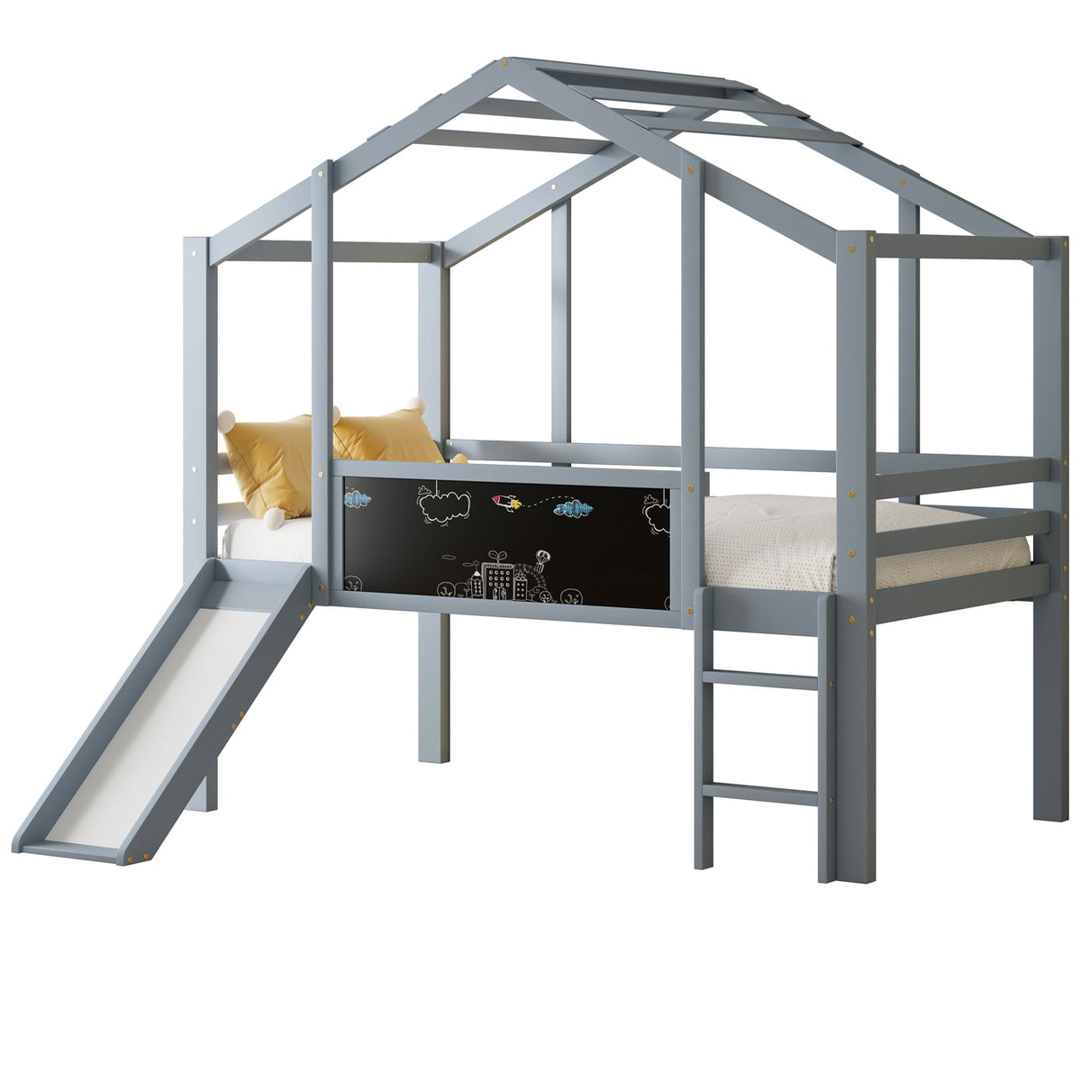 Children's Loft Bed 90x200cm, Slide, Ladder & Graffiti Board, Solid Wood Grey