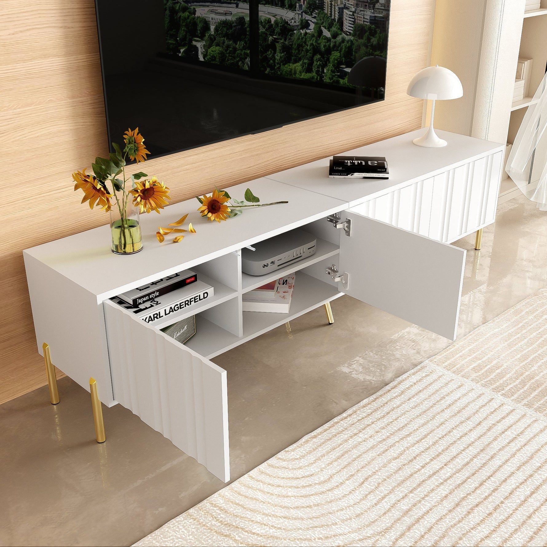 TV Cabinet 190cm Grooved Door Gold Legs - White