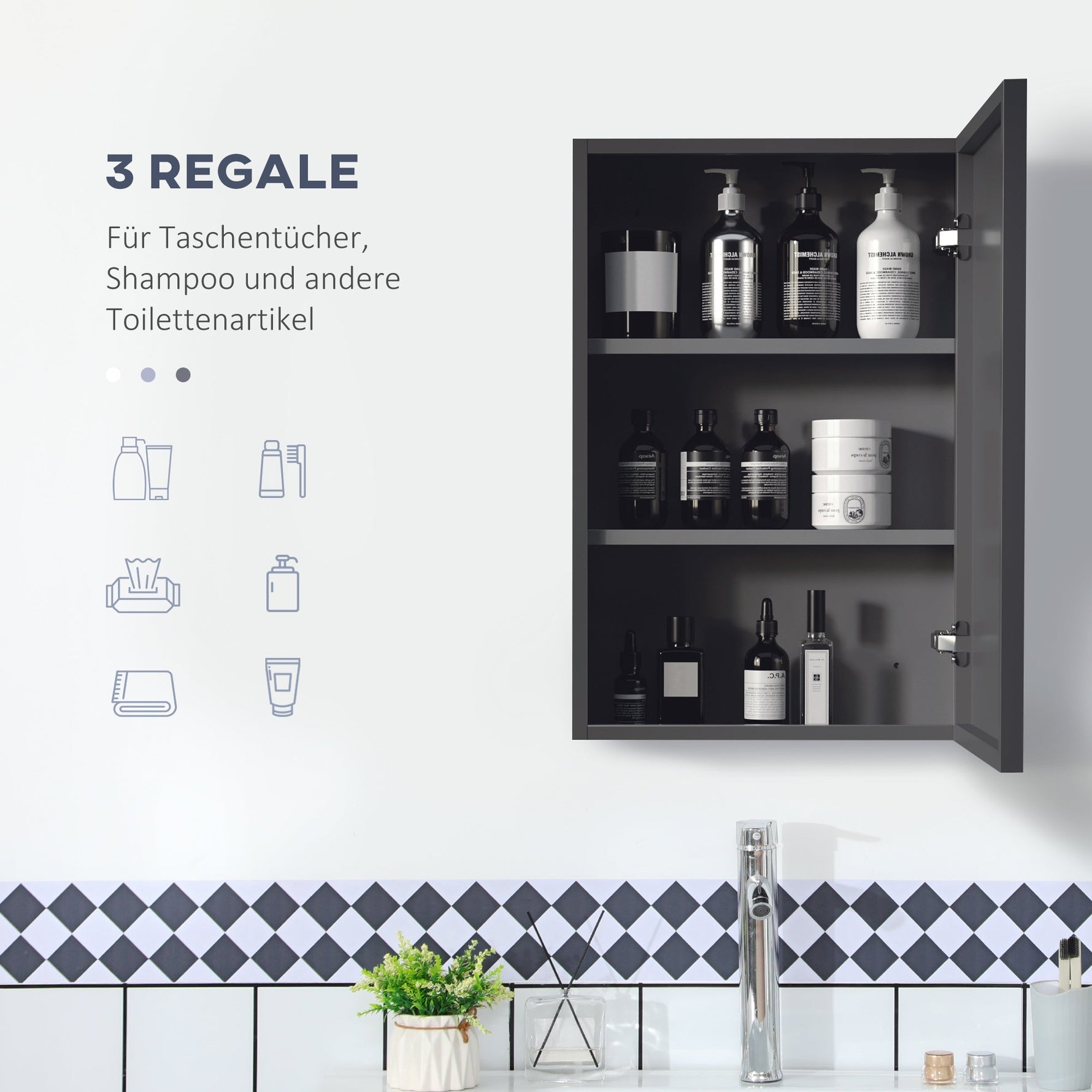 Wall-Mounted Mirror Cabinet, 3 Shelves 40x15x60 cm, Black