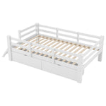 Wooden Platform Bed 90x200cm with Safety Railing & 2 Drawers, White