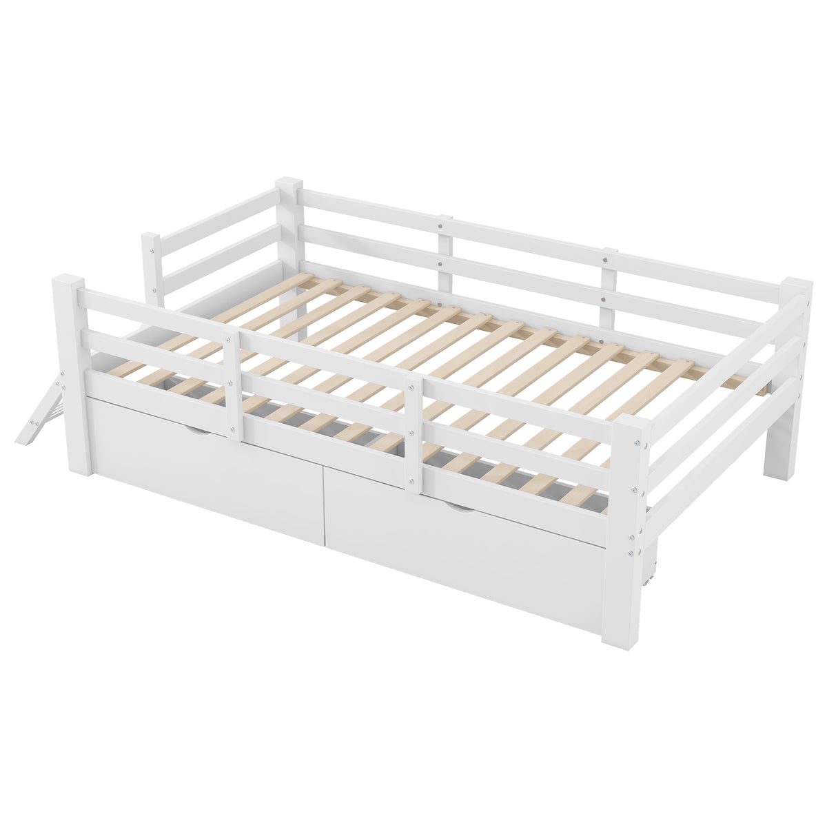 Wooden Platform Bed 90x200cm with Safety Railing & 2 Drawers, White