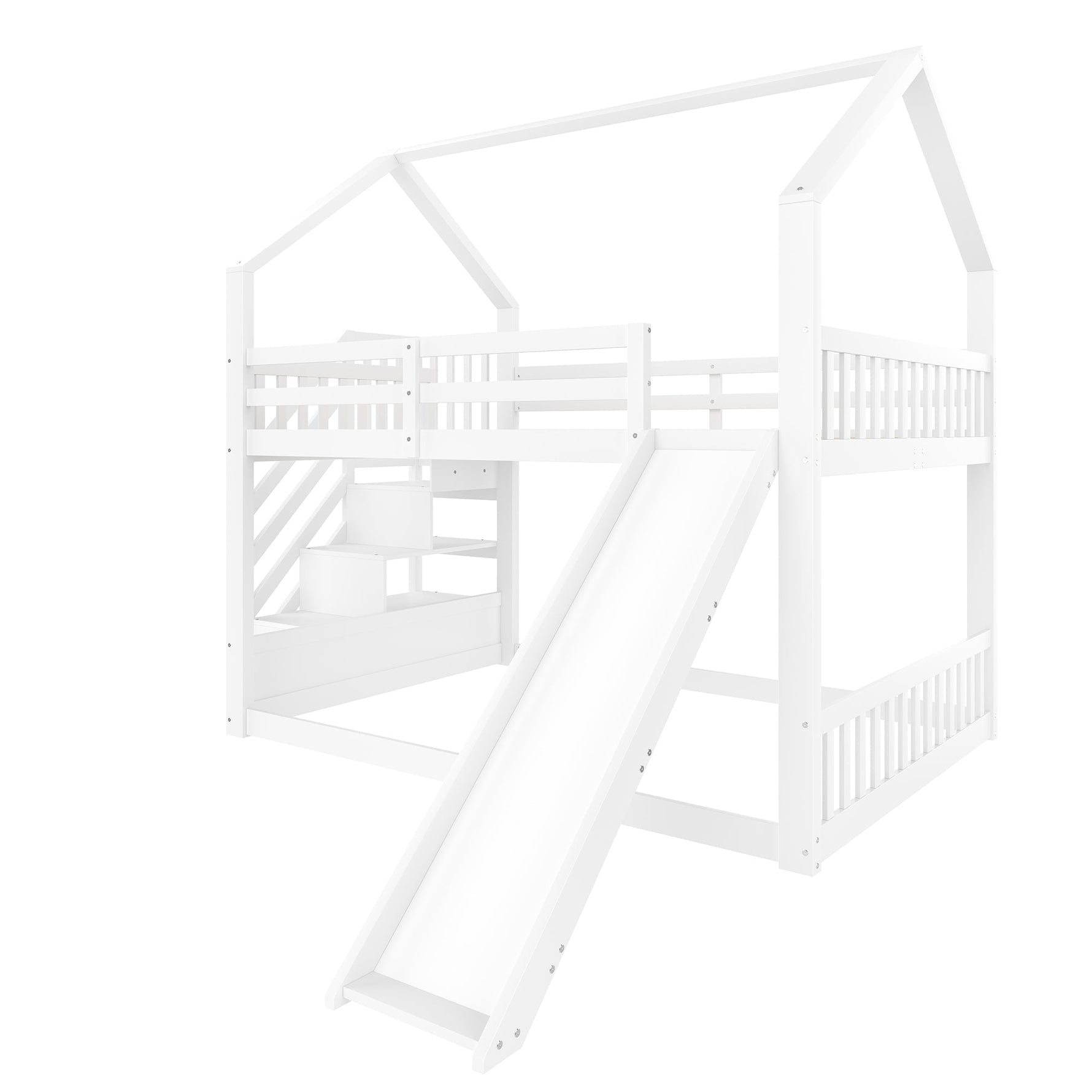 Bunk Bed with Storage Stairs and Slide, 140x200cm, White