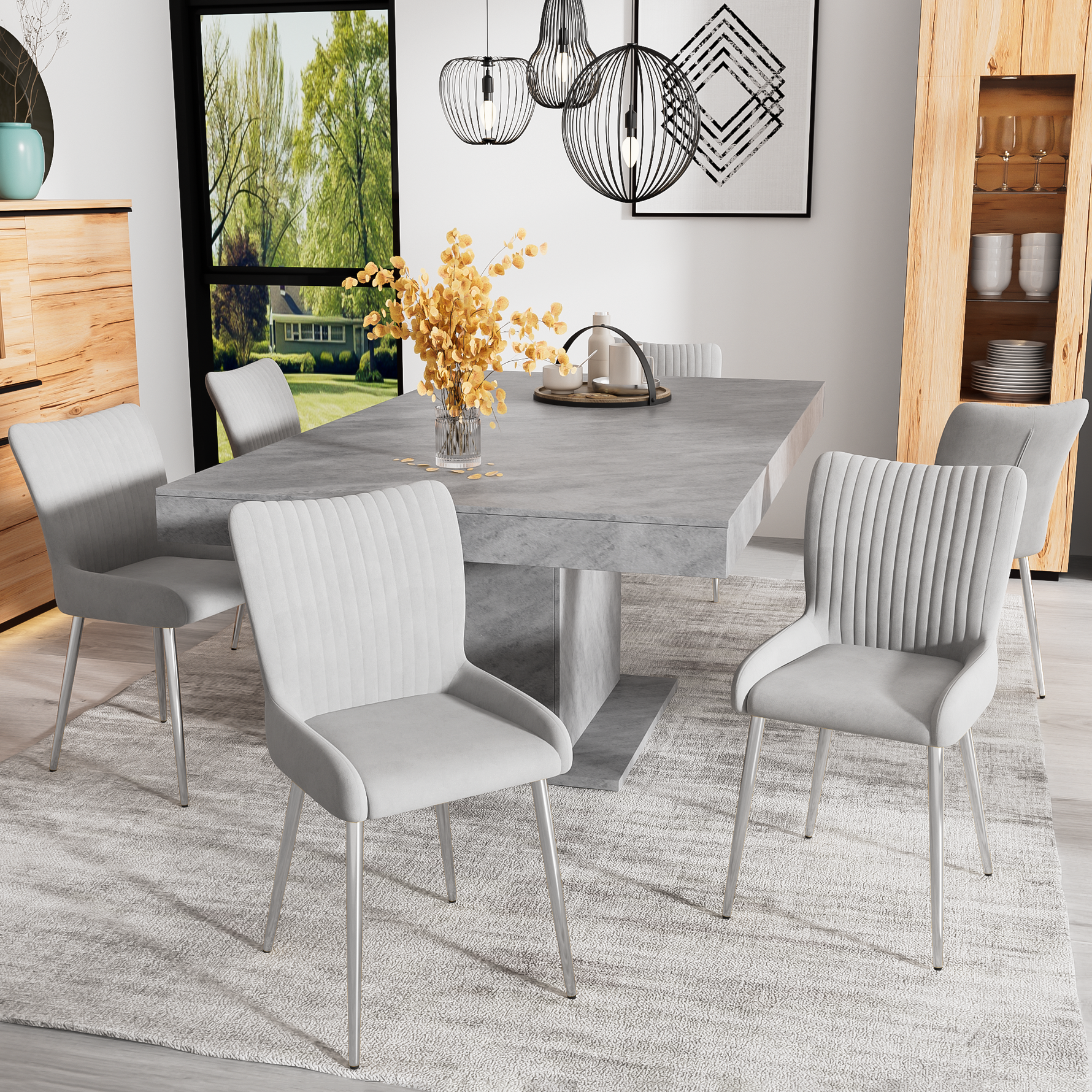 Velvet Dining Chair, Set of 2 with Silver Metal Legs and Lumbar Support, Grey Velvet