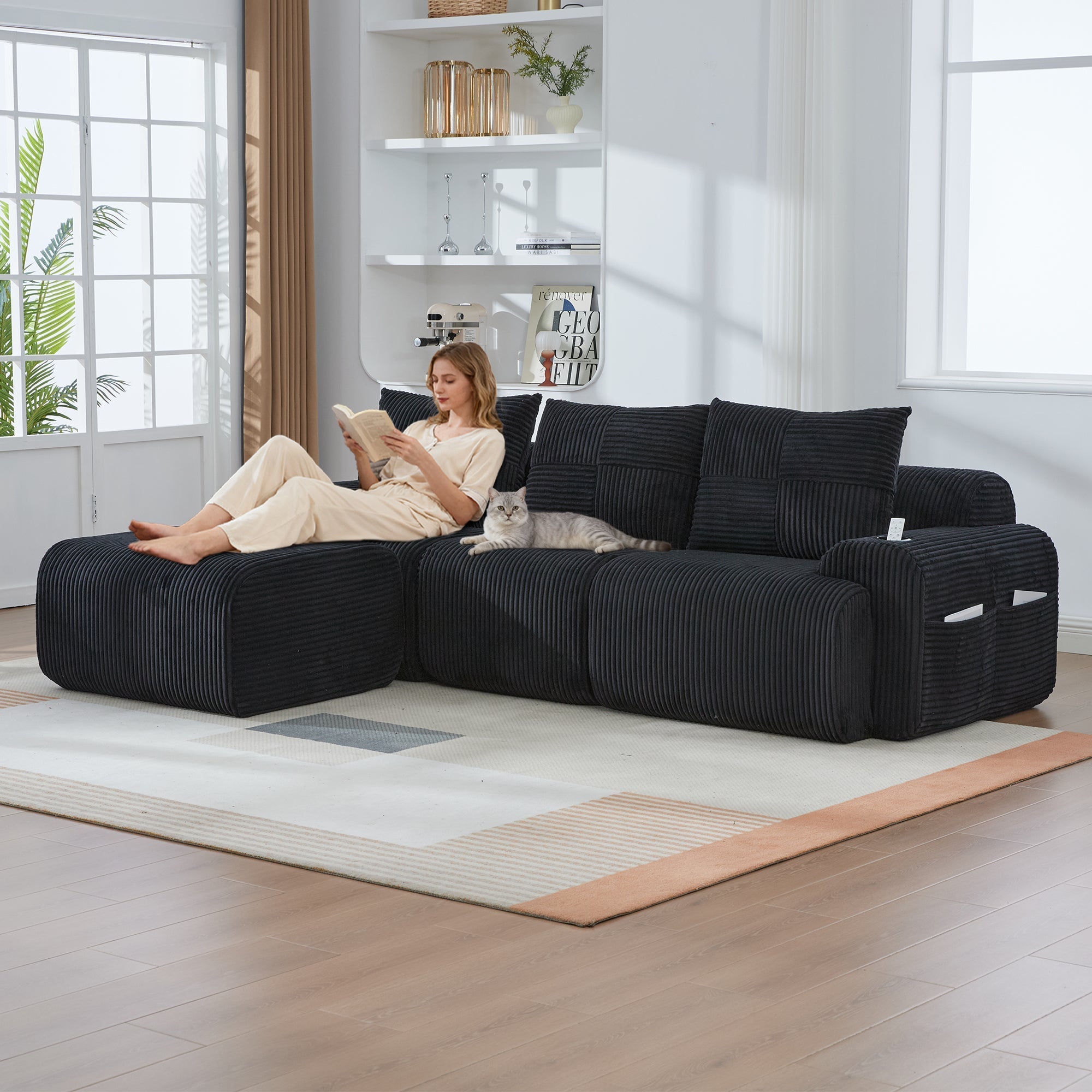 3-Seater Modular Sofa with Ottomans, Cup Holders and Storage, Black Corduroy