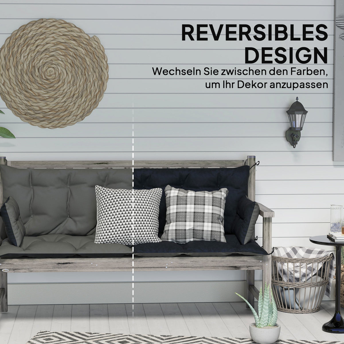 3-Seater Bench Cushion, 180x110x8 cm, with Ties, Dark Grey + Black