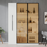 Multifunctional Cabinet with Glass Door, LED Lighting and Side Pull-out, Amber Glass and MDF