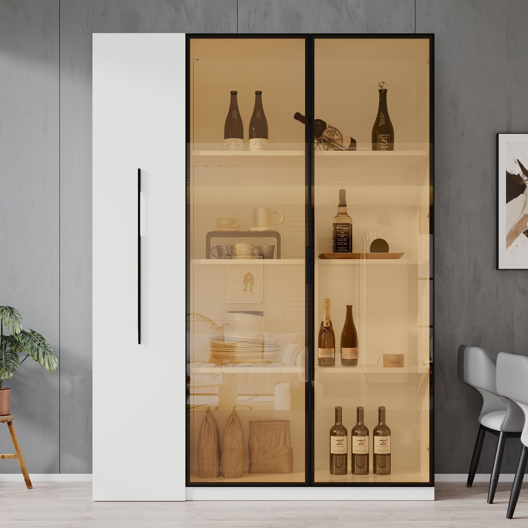 Multifunctional Cabinet with Glass Door, LED Lighting and Side Pull-out, Amber Glass and MDF