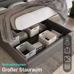 Hydraulic Storage Bed with LED Lighting and Remote Control, 160x200cm, Grey Upholstered Bed Frame