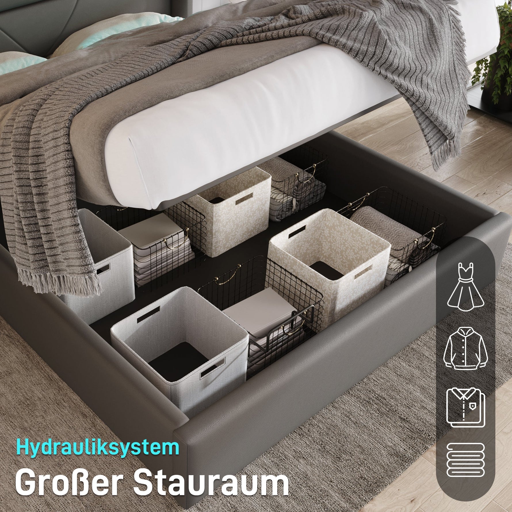 Hydraulic Storage Bed with LED Lighting and Remote Control, 160x200cm, Grey Upholstered Bed Frame