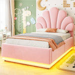 Upholstered Bed 90x200cm, Flower Headboard & Storage, Pink Velvet
