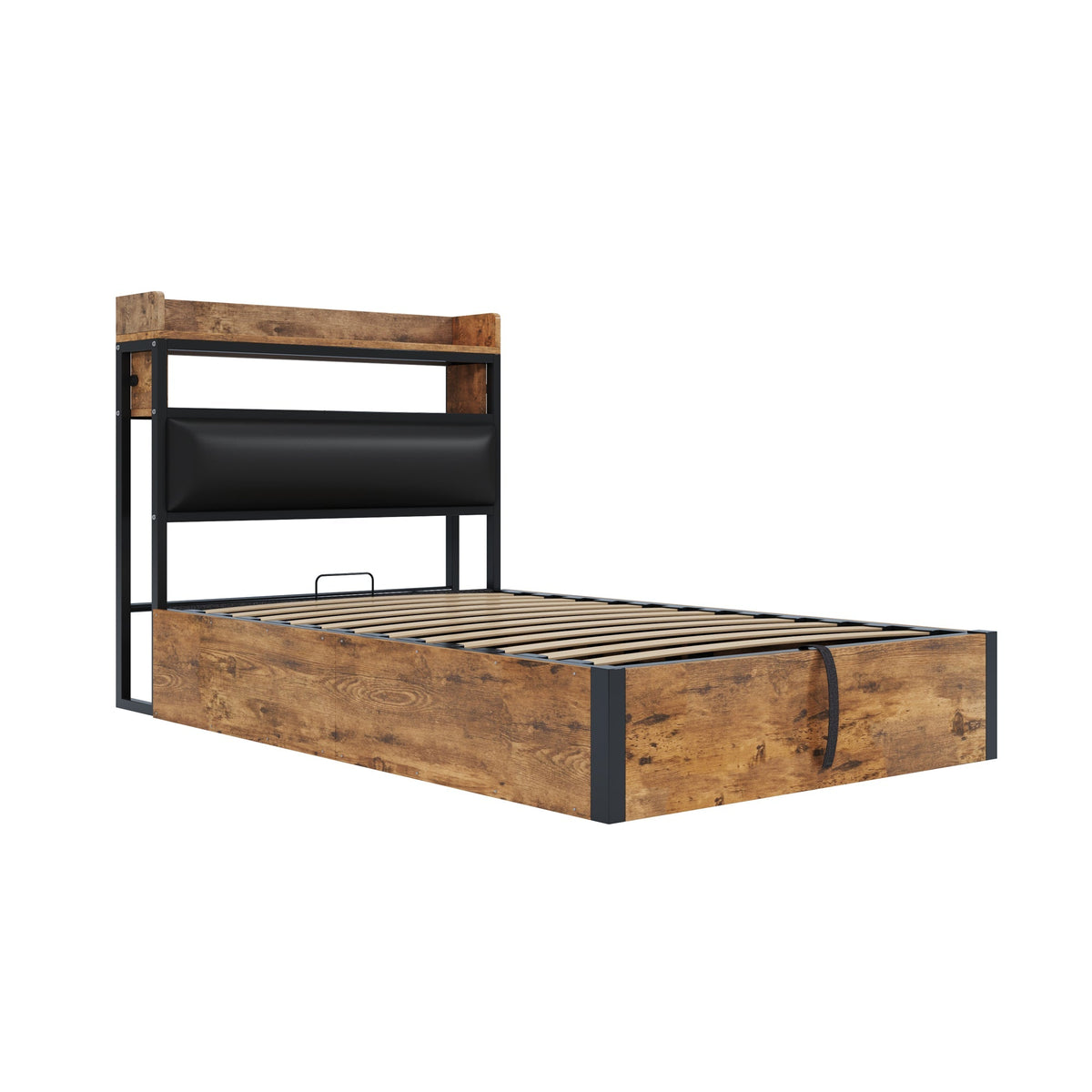 Bed Frame, 90 x 200, Hydraulic Lift, USB, Upholstered Headboard, Black