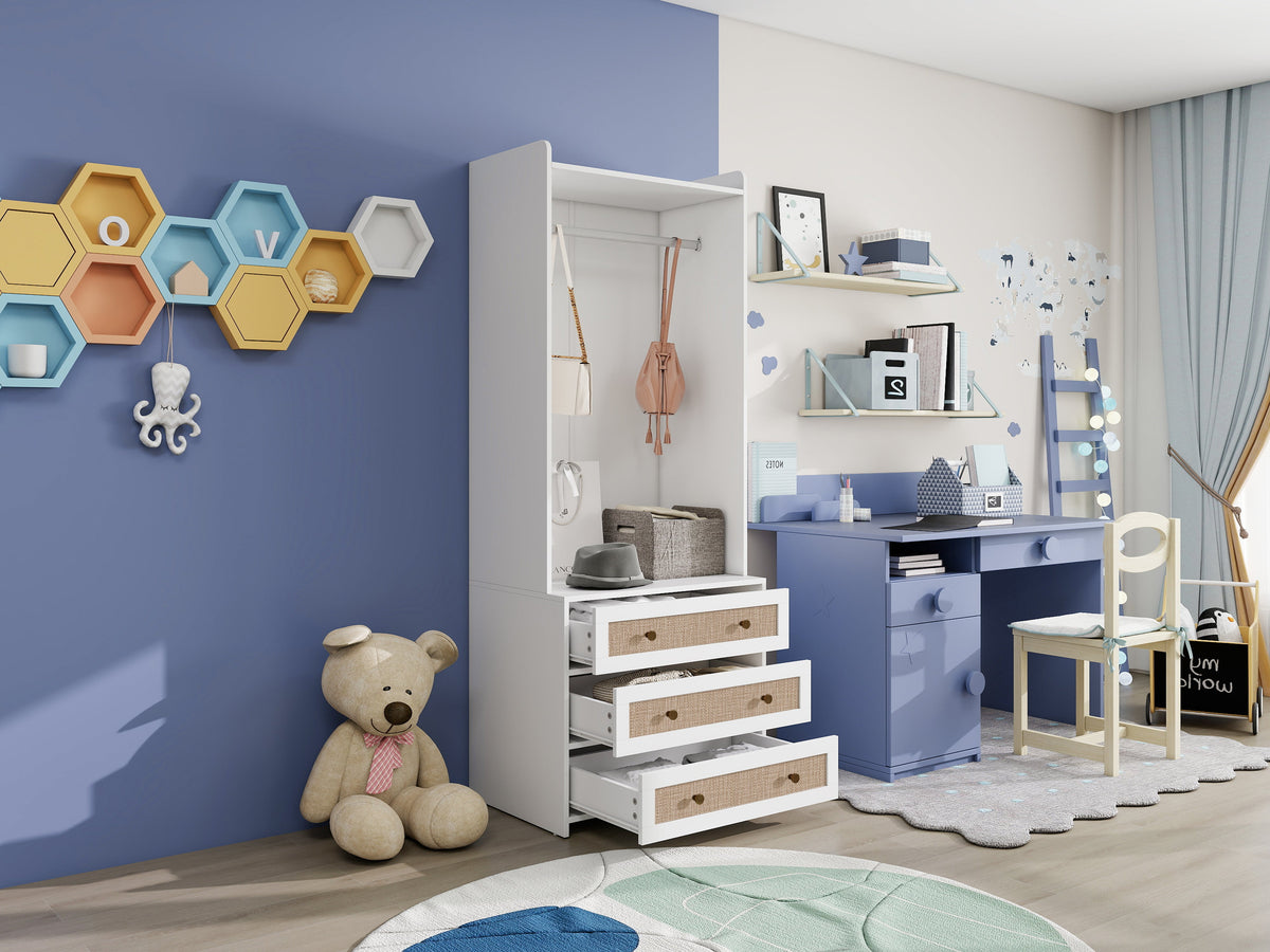Wardrobe, Three Drawers, Boho-Style, 180cm Height, White