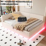 Upholstered Bed 140x200cm with LED, USB, L-Shaped Backrest and Hydraulic Frame, Beige Velvet