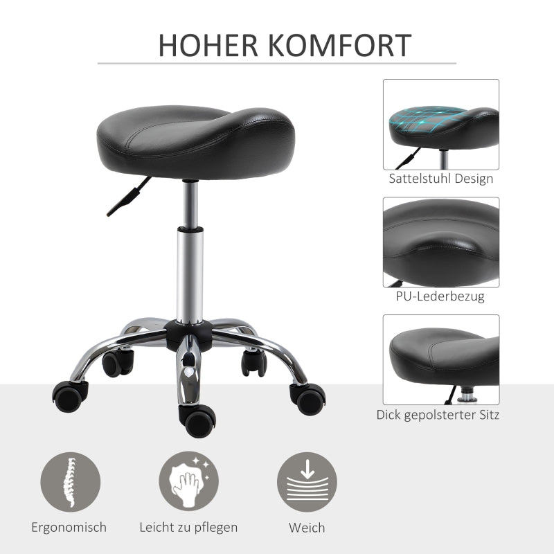 Rolling Stool Height Adjustable Work Stool, Rotatable Faux Leather Black