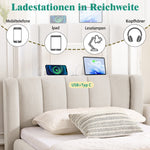 Single Bed 90x200 cm with Side Storage and USB Charging Port, Beige Chenille Fabric