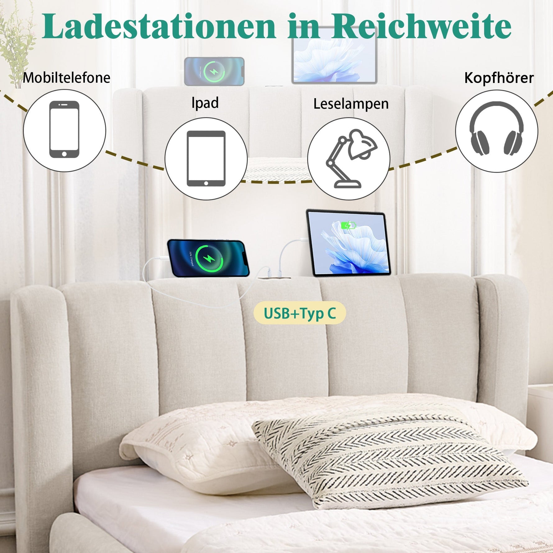 Single Bed 90x200 cm with Side Storage and USB Charging Port, Beige Chenille Fabric