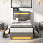 Upholstered Bed 90x190 cm with LED, USB & 4 Drawers, Grey PU