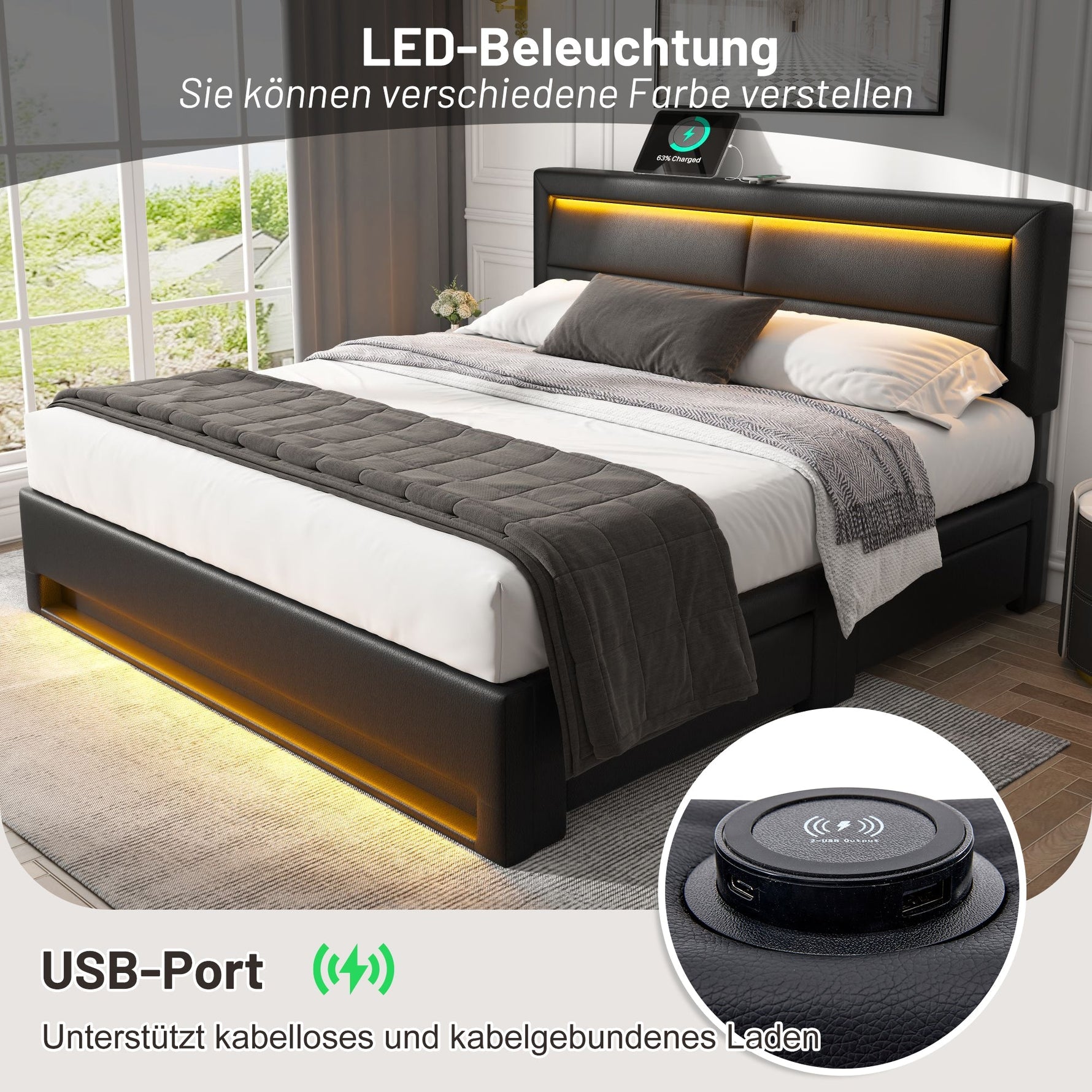 Upholstered Bed 140x190cm LED Light USB Charging 4 Storage Drawers Lychee PU Black