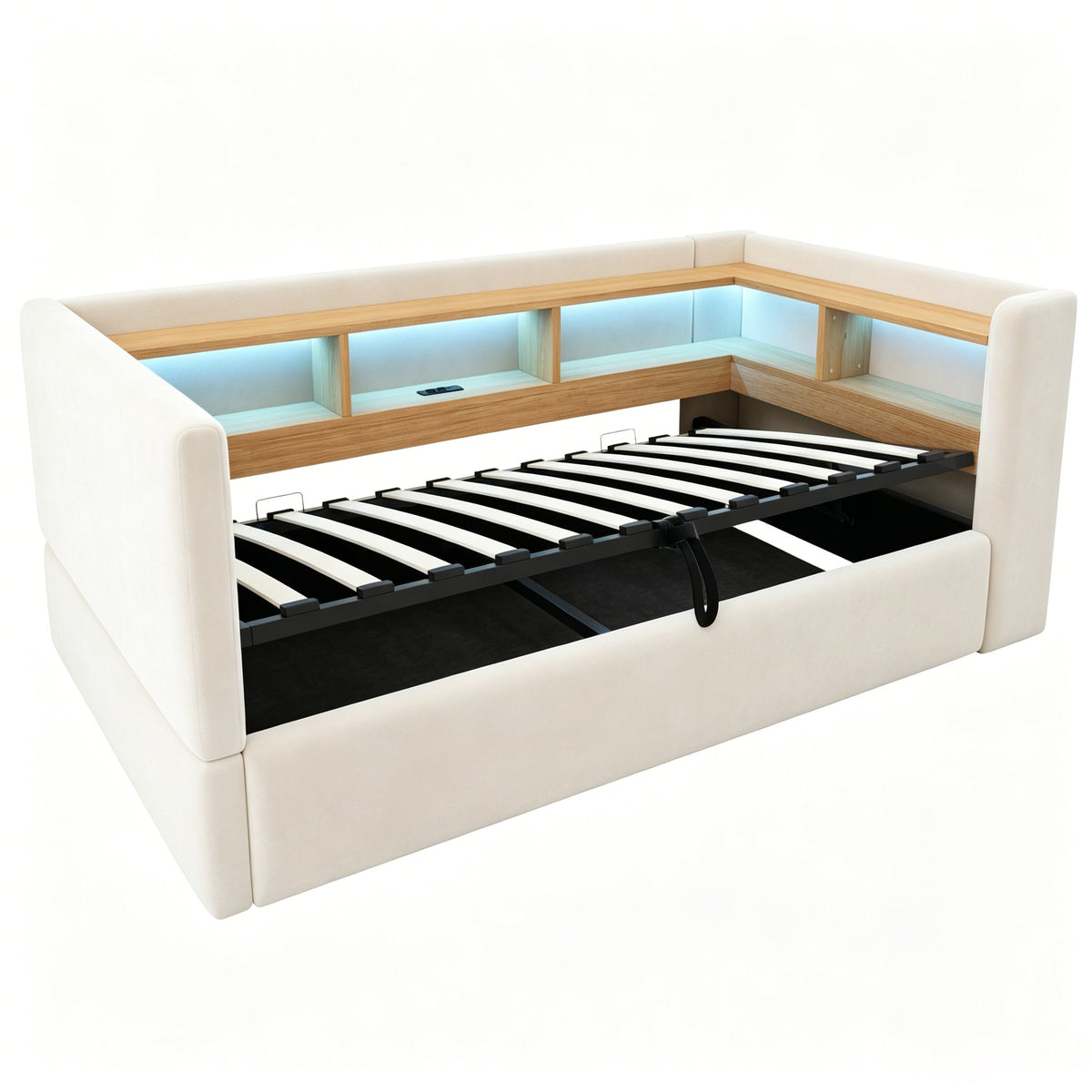 Upholstered Sleeper Sofa 90x190cm with Storage & LED, Beige