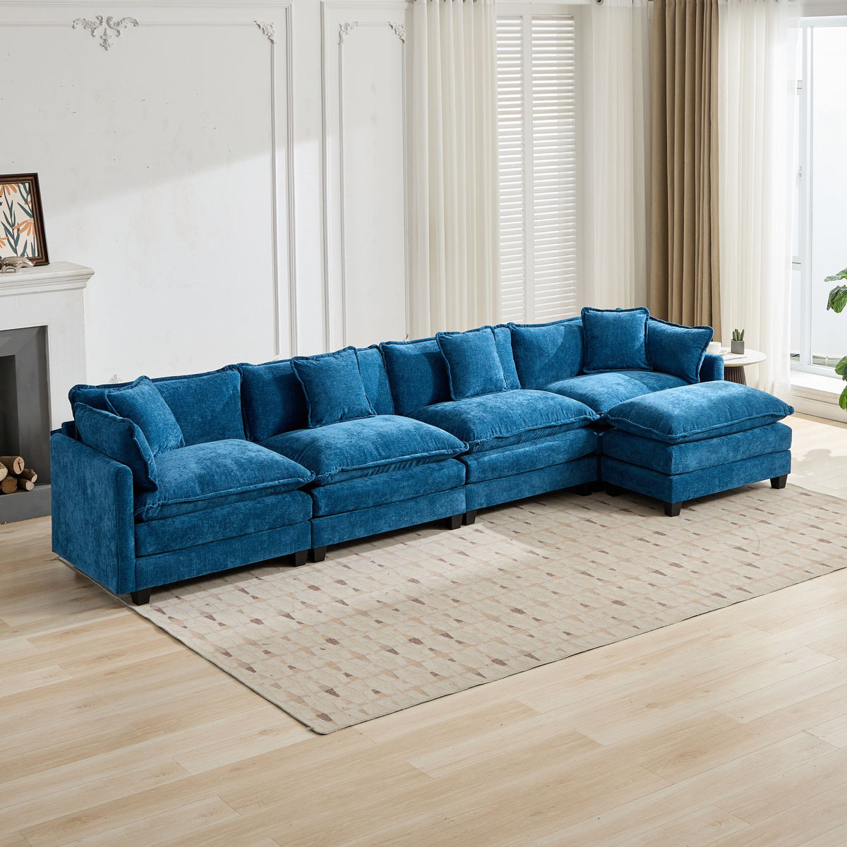 Cloud Sofa Ottoman - Modern Double Layer Upholstered Cushion - Chenille Blue