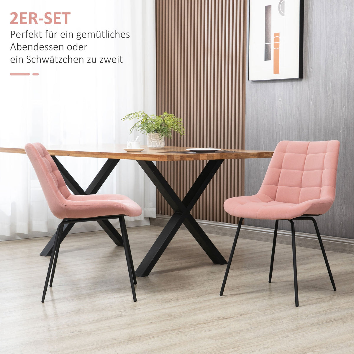 Dining Chair Set, Velvet Backrest, Steel Legs, Pink
