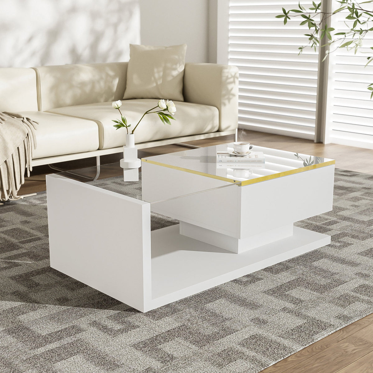 Coffee Table 90cm, High-Gloss White with Glass & LED Effect
