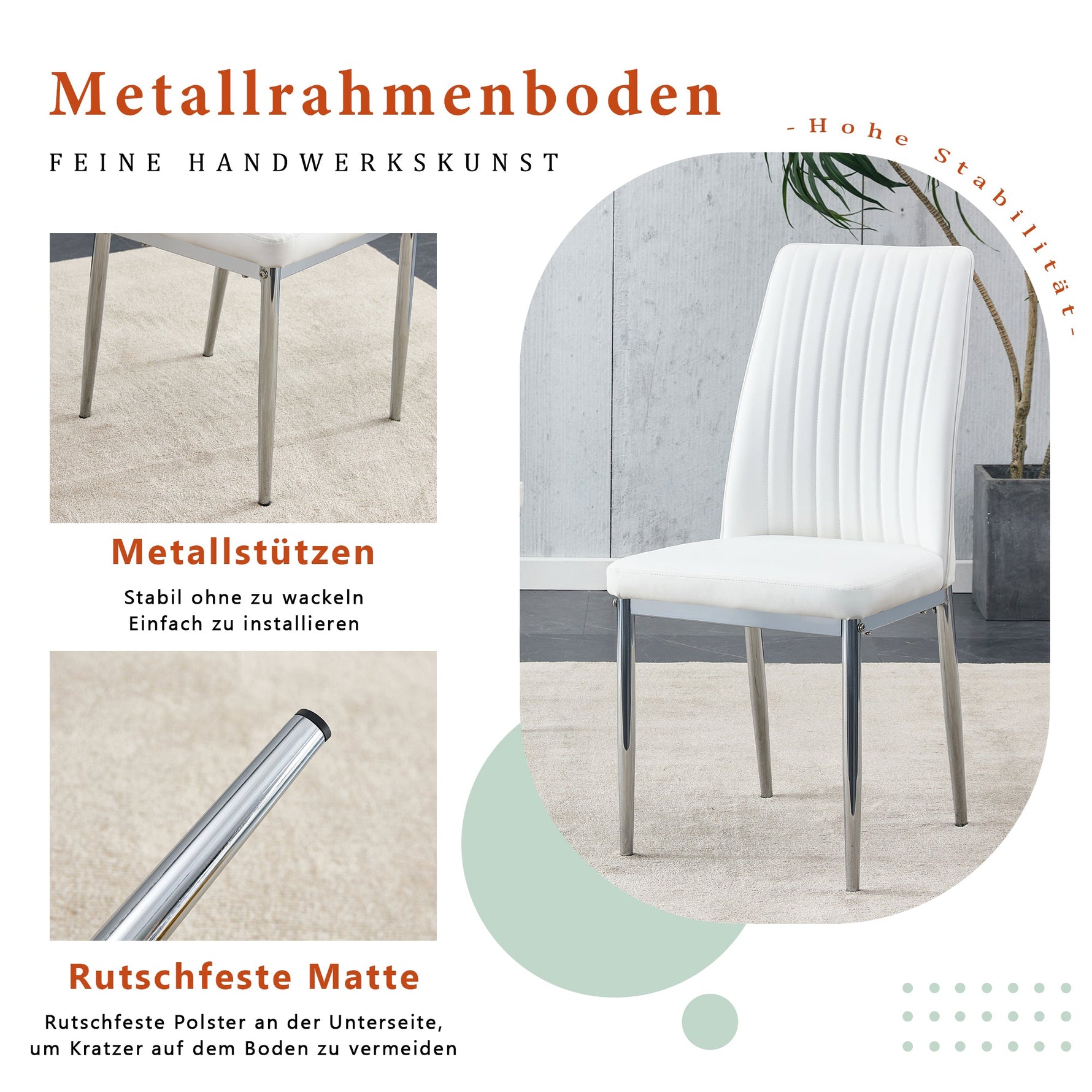 Dining Chairs 4-Piece Set, Silver Metal Legs, White PU Leather