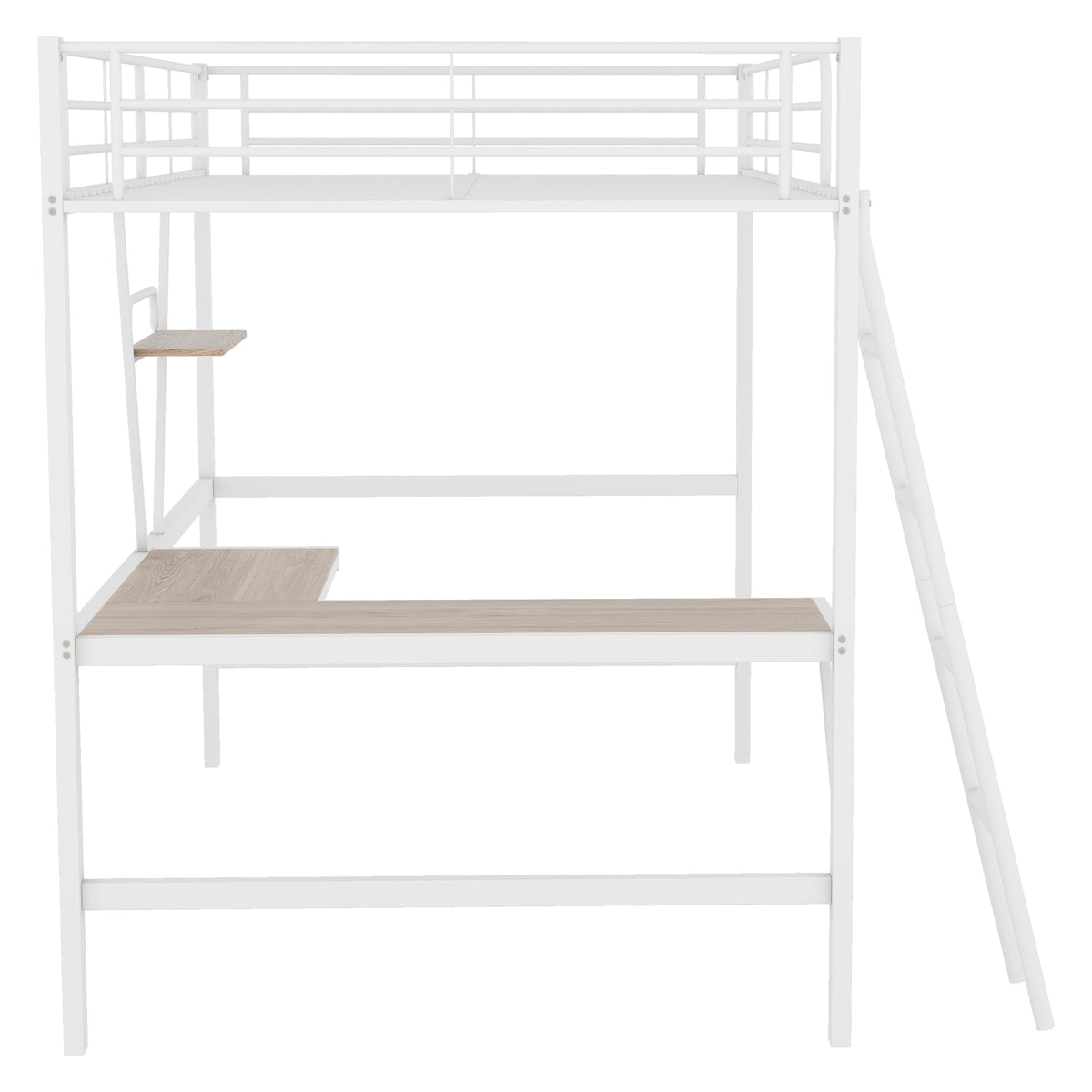 Loft Bed with L-Shaped Desk and Shelf, 90x200cm Metal Frame, White