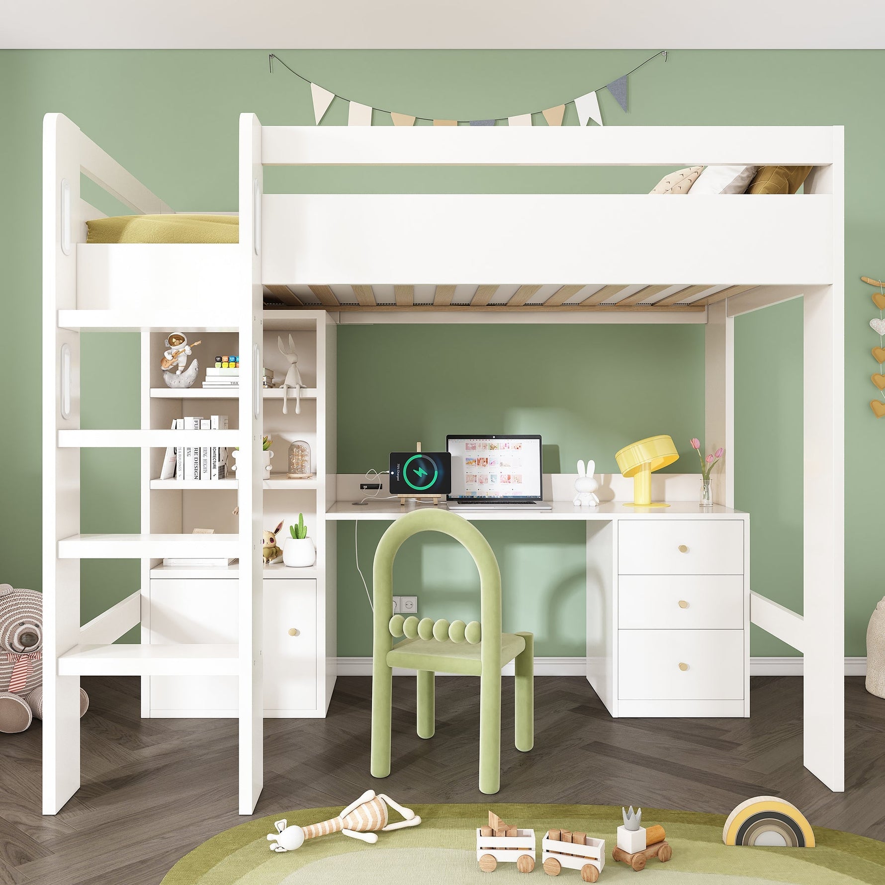 Children's Loft Bed, USB-C Desk, Wardrobe, Filing Cabinet, Stairs, Slatted Frame, Storage, 90x200