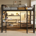 Loft Bed 140x200cm with Desk, LED Light & Shelves, Black Iron