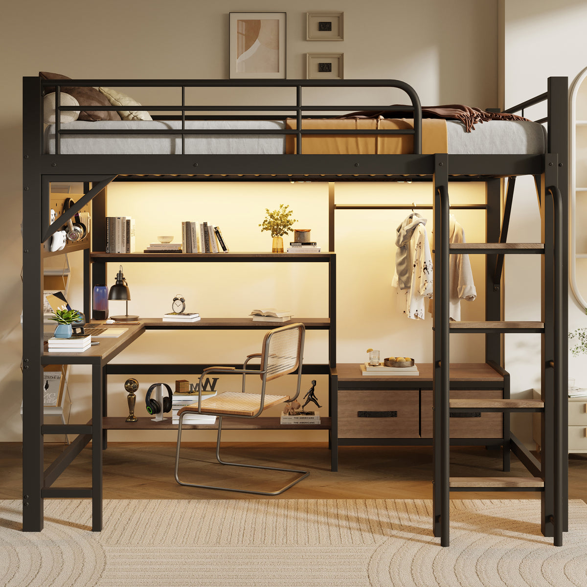 Loft Bed 140x200cm with Desk, LED Light & Shelves, Black Iron