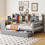 Sofa Bed, Multifunctional with Desk, Bookshelf, Storage & Power Outlet, Solid Wood, Grey