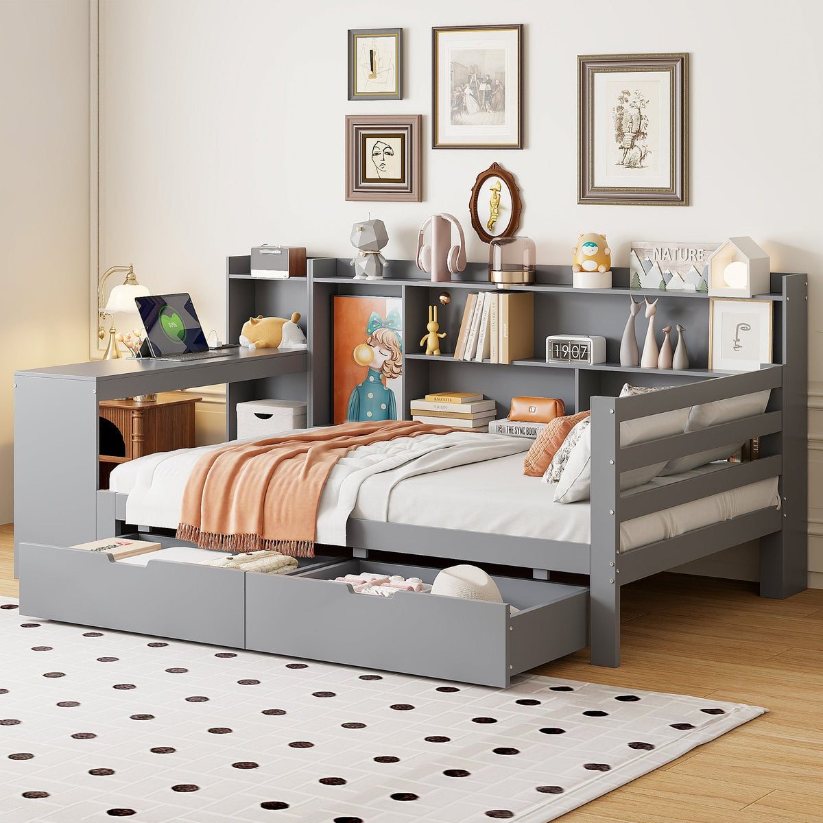 Sofa Bed, Multifunctional with Desk, Bookshelf, Storage & Power Outlet, Solid Wood, Grey