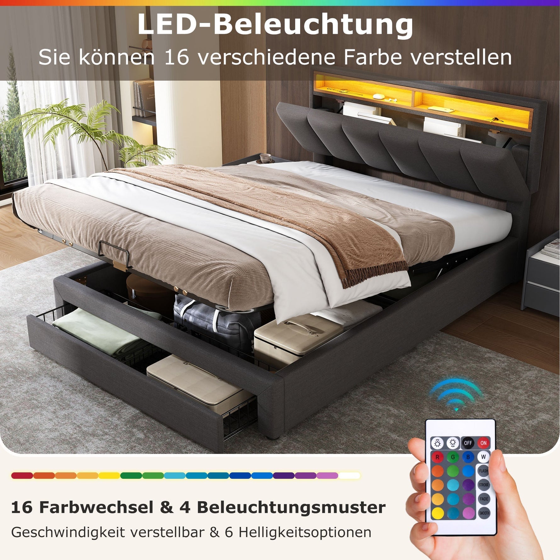 Upholstered Double Bed 160x200cm Hydraulic Storage LED Stowable Headboard - Linen Grey